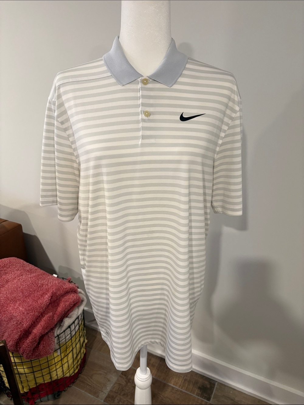 Nike Men’s White & Light Gray Striped Polo with Black Swoosh